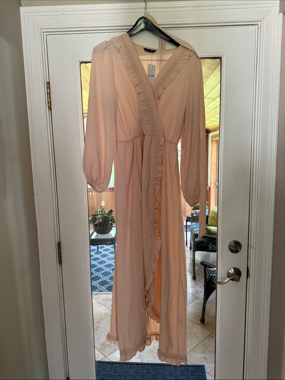 Simplee Apparel Peach Long Sleeve Ruffle Wrap Maxi Dress